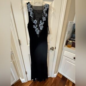 Jessica McClintock Black Maxi Dress with Blue Accents